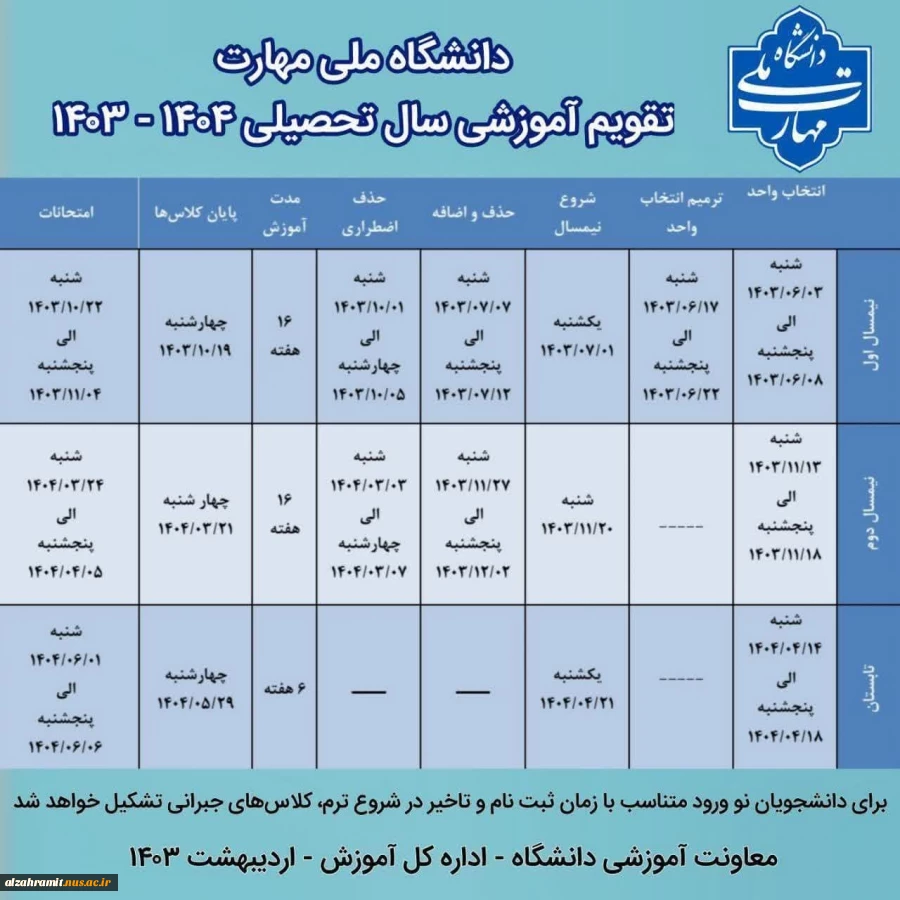 جدول زمان‌بندی  انتخاب واحد 2